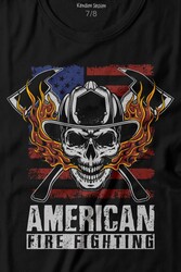 American Fire Fighter Skull Korsan Çekiç Kafalı Baskılı Tişört Çocuk T-shirt - Thumbnail