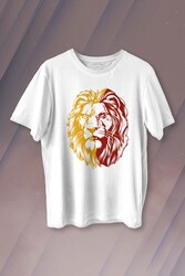 Aslan Kafası Sarı Kırmızı Yeleli Lion Head Baskılı Tişört Unisex T-shirt - Thumbnail