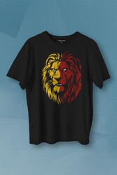 Aslan Kafası Sarı Kırmızı Yeleli Lion Head Baskılı Tişört Unisex T-shirt - Thumbnail