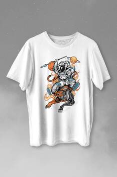 Aslan Üstünde Mızraklı Savaşçı Astronot Uzay Baskılı Tişört Unisex T-shirt