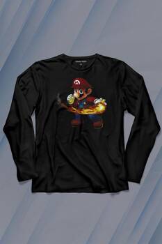 Ateş Çıkaran Super Mario Smash Bros Oyun Uzun Kollu Tişört Baskılı T-Shirt