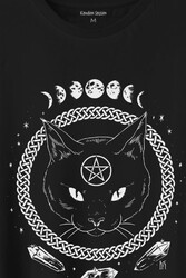 Ay Evreleri Moon Black Cat Siyah Kedi Baskılı Tişört Unisex T-Shirt - Thumbnail