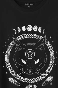 Ay Evreleri Moon Black Cat Siyah Kedi Baskılı Tişört Unisex T-Shirt