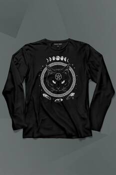 Ay Evreleri Moon Black Cat Siyah Kedi Uzun Kollu Tişört Baskılı T-Shirt