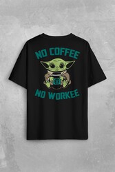 Baby Yoda No Coffee No Workee Star Mandalorian Kahve Sırt Ön Baskılı Oversize Tişört Unisex T-Shirt - Thumbnail