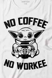 Baby Yoda No Starbucks Coffee No Workee Star Wars Mandalorian Kahve Baskılı Tişört Çocuk T-shirt - Thumbnail