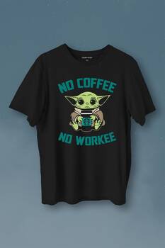 Baby Yoda No Starbucks Coffee No Workee Star Wars Mandalorian Kahve Baskılı Tişört Unisex T-Shirt