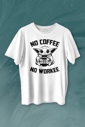 Baby Yoda No Starbucks Coffee No Workee Star Wars Mandalorian Kahve Baskılı Tişört Unisex T-shirt - Thumbnail