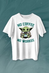 Baby Yoda No Starbucks Coffee No Workee Star Wars Mandalorian Kahve Baskılı Tişört Unisex T-shirt - Thumbnail