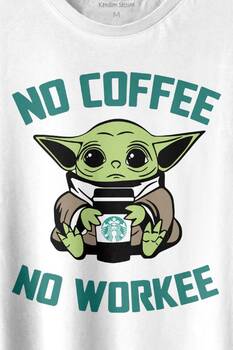 Baby Yoda No Starbucks Coffee No Workee Star Wars Mandalorian Kahve Baskılı Tişört Unisex T-shirt