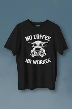 Baby Yoda No Starbucks Coffee No Workee Star Wars Mandalorian Kahve Baskılı Tişört Unisex T-Shirt