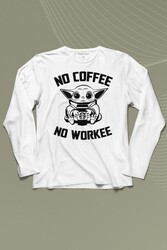 Baby Yoda No Starbucks Coffee No Workee Star Wars Mandalorian Uzun Kollu Tişört Baskılı T-Shirt - Thumbnail