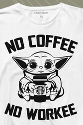 Baby Yoda No Starbucks Coffee No Workee Star Wars Mandalorian Uzun Kollu Tişört Baskılı T-Shirt - Thumbnail