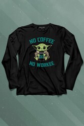 Baby Yoda No Starbucks Coffee No Workee Star Wars Mandalorian Uzun Kollu Tişört Baskılı T-Shirt - Thumbnail