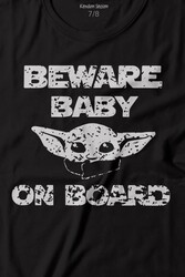 Baby Yoda Star Wars Mandalorian Beware Baby On board Baskılı Tişört Çocuk T-shirt - Thumbnail