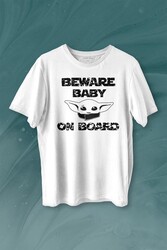 Baby Yoda Star Wars Mandalorian Beware Baby On board Baskılı Tişört Unisex T-shirt - Thumbnail