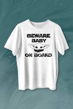 Baby Yoda Star Wars Mandalorian Beware Baby On board Baskılı Tişört Unisex T-shirt