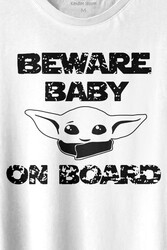 Baby Yoda Star Wars Mandalorian Beware Baby On board Baskılı Tişört Unisex T-shirt - Thumbnail