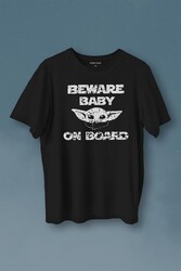 Baby Yoda Star Wars Mandalorian Beware Baby On Board Baskılı Tişört Unisex T-Shirt - Thumbnail