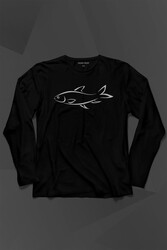 Balık Silüeti Çizimi Fish Vector Uzun Kollu Tişört Baskılı T-Shirt - Thumbnail