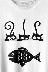 Balık Ve 3 Kedi Fish Cats Baskılı Tişört Unisex T-shirt - Thumbnail