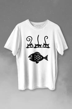 Balık Ve 3 Kedi Fish Cats Baskılı Tişört Unisex T-shirt