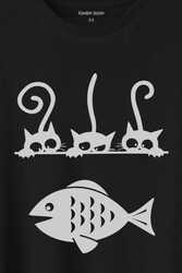 BAlik Ve 3 Kedi Fish Cats Baskılı Tişört Unisex T-Shirt - Thumbnail