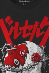 Berserk Anime Kuru Kafa Skull Kılıç Ve Büyü Guts Baskılı Siyah Unisex T-shirt - Thumbnail