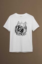 Beyaz Unisex Kedi Kozmonot Meow Astronot Cat NASA Uzay Baskılı T-shirt - Thumbnail