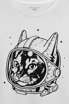 Beyaz Unisex Kedi Kozmonot Meow Astronot Cat NASA Uzay Baskılı T-shirt