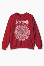 Bisiklet Yaka Sweatshirt Behemoth Metal Rock Kuru Kafa Skull Baskılı Kırmızı Sweat - Thumbnail