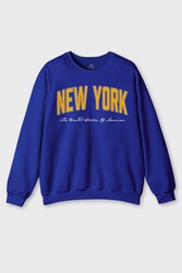 Bisiklet Yaka Sweatshirt New York Yazılı America Şehir Baskılı Mavi Sweat - Thumbnail