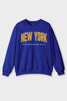 Bisiklet Yaka Sweatshirt New York Yazılı America Şehir Baskılı Mavi Sweat