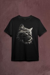 Bıyıklı Kedi Minimal Çizim 3D Efektli Realist Sepya Siyah Baskılı Tişört Unisex T-shirt - Thumbnail