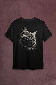 Bıyıklı Kedi Minimal Çizim 3D Efektli Realist Sepya Siyah Baskılı Tişört Unisex T-shirt