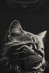 Bıyıklı Kedi Minimal Çizim 3D Efektli Realist Sepya Siyah Baskılı Tişört Unisex T-shirt - Thumbnail