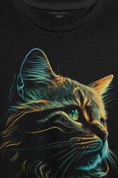 Bıyıklı Kedi Minimal Çizim 3D Efektli Realist Siyah Baskılı Tişört Unisex T-shirt - Thumbnail