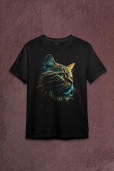 Bıyıklı Kedi Minimal Çizim 3D Efektli Realist Siyah Baskılı Tişört Unisex T-shirt - Thumbnail