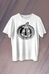 Cadılar Bayramı Halloween Bal Kabağı Surat Beyaz Baskılı Tişört Unisex T-shirt - Thumbnail