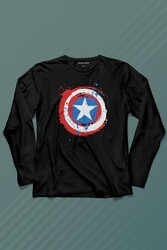 Captain America Kaptan Amerika Kalkan Logo Uzun Kollu Tişört Baskılı T-Shirt - Thumbnail