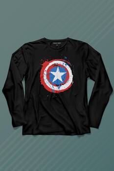 Captain America Kaptan Amerika Kalkan Logo Uzun Kollu Tişört Baskılı T-Shirt