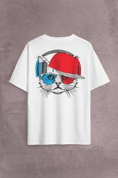 Cat Glasses Gözlüklü Bordo Mavi Kedi Sırt Ön Baskılı Oversize Tişört Unisex T-Shirt