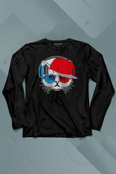 Cat Glasses Gözlüklü Bordo Mavi Spor Trabzon Kedi Uzun Kollu Tişört Baskılı T-Shirt - Thumbnail