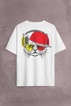 Cat Glasses Gözlüklü Sarı Kırmızı Kedi Sırt Ön Baskılı Oversize Tişört Unisex T-Shirt