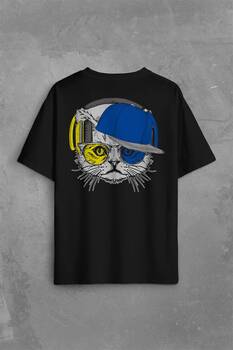 Cat Glasses Gözlüklü Sarı Lacivert Kedi Sırt Ön Baskılı Oversize Tişört Unisex T-Shirt