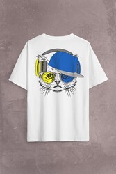 Cat Glasses Gözlüklü Sarı Lacivert Kedi Sırt Ön Baskılı Oversize Tişört Unisex T-Shirt - Thumbnail