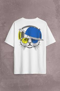 Cat Glasses Gözlüklü Sarı Lacivert Kedi Sırt Ön Baskılı Oversize Tişört Unisex T-Shirt