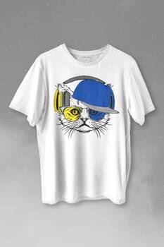 Cat Glasses Gözlüklü Sarı Lacivert Kedi Baskılı Tişört Unisex T-shirt