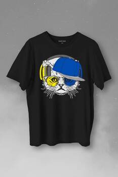 Cat Glasses Gözlüklü Sarı Lacivert Kedi Baskılı Tişört Unisex T-Shirt