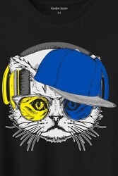 Cat Glasses Gözlüklü Sarı Lacivert Kedi Baskılı Tişört Unisex T-Shirt - Thumbnail